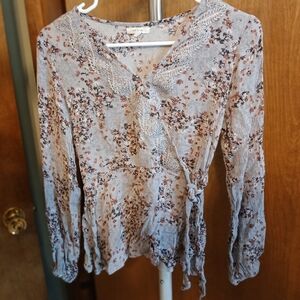 Maurices Floral Long Sleeve Top with Lace Trim